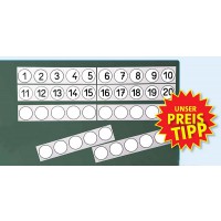 Magnetische Rechneleisten für die Tafel: 4 Leisten mit 5 Kreisen, L x H: ca. 29 x 8 cm, 2 Leisten mit 10 Kreisen mit Zahlen, L x H: ca. 60 x 6 cm