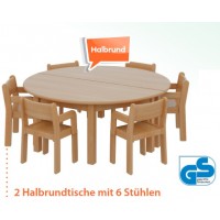 6  + 2, Set / 2 x Massivholztisch halbrund 120 x 60, Höhe 53 cm PLUS 6 x Massivholzstuhl mit Armlehnen, Sitzhöhe 31 cm