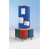 Litfaßsäule mit Stoff belegt, Unterbau Dekor Buche, verschiedenen Schübe zur Auswahl / Abbildung zeigt mit 16 flachen und farbigen Schüben