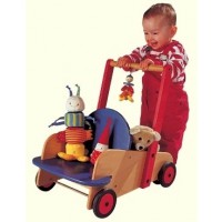 Puppen- / Lauflernwagen Buche natur, blau und rot lackiert