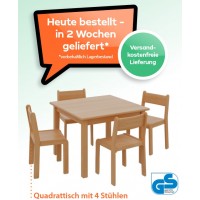 4  + 1, Set / 1 x Massivholztisch 80 x 80, Höhe 53 cm PLUS 4 x Massivholzstuhl Sitzhöhe 31 cm