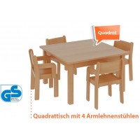 4  + 1, Set / 1 x Massivholztisch 60 x 60, Höhe 46 cm PLUS 4 x Massivholzstuhl mit Armlehnen, Sitzhöhe 26 cm