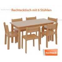 6  + 1, Set / 1 x Massivholztisch 120 x 60, Höhe 53 cm PLUS 6 x Massivholzstuhl, Sitzhöhe 31 cm