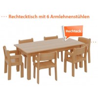 6  + 1, Set / 1 x Massivholztisch 120 x 60, Höhe 41 cm PLUS 6 x Massivholzstuhl mit Armlehnen, Sitzhöhe 21 cm