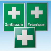 Rettungszeichen - Stabile Aluminiumschilder nach BGV A8, grün, Beschriftung und Symbole weiß.