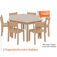 6  + 2, Set / 2 x Massivholztisch trapezförmig 120 x 60, Höhe 46 cm PLUS 6 x Massivholzstuhl Sitzhöhe 26 cm