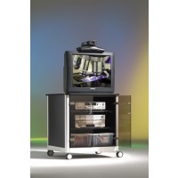 Dieser mobile TV-Schrank / Fernsehschrank präsentiert sich in einer eleganten Holz-Alu-Kombination mit Rauchglastüren (Abbildung zeigt Sonderdekor)