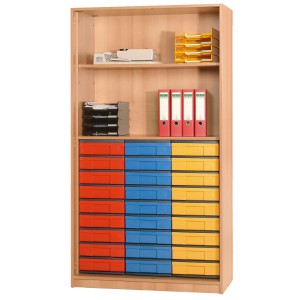 InBox Hochschrank als offenes Regal mit 27 flachen Schüben (blau, gelb, rot)