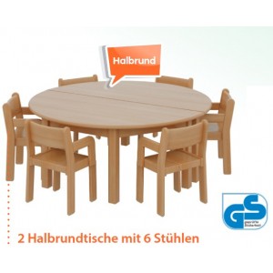 6  + 2, Set / 2 x Massivholztisch halbrund 120 x 60, Höhe 41 cm PLUS 6 x Massivholzstuhl mit Armlehnen, Sitzhöhe 21 cm