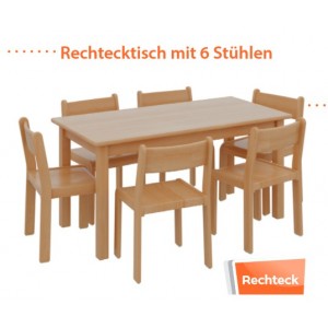 6  + 1, Set / 1 x Massivholztisch 120 x 60, Höhe 46 cm PLUS 6 x Massivholzstuhl Sitzhöhe 26 cm