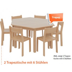 6  + 2, Set / 2 x Massivholztisch trapezförmig 120 x 60, Höhe 59 cm PLUS 6 x Massivholzstuhl Sitzhöhe 35 cm